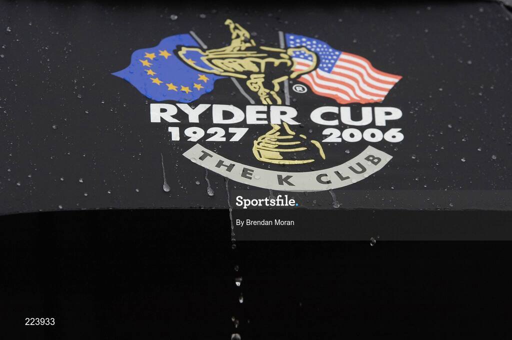 23 September 2006; Raindrops run off an umbrella with the Ryder Cup logo during Saturday morning's four-ball matches. 36th Ryder Cup Matches, K Club, Straffan, Co. Kildare, Ireland. Picture credit: Brendan Moran / SPORTSFILE