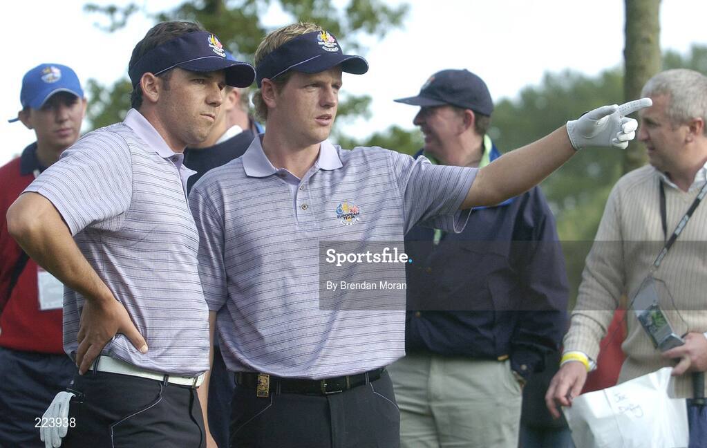 23 September 2006; Luke Donald and Sergio Garcia, Team Europe 2006, check their line for their second shot to the 16th green during Saturday afternoon's foursomes matches. 36th Ryder Cup Matches, K Club, Straffan, Co. Kildare, Ireland. Picture credit: Brendan Moran / SPORTSFILE