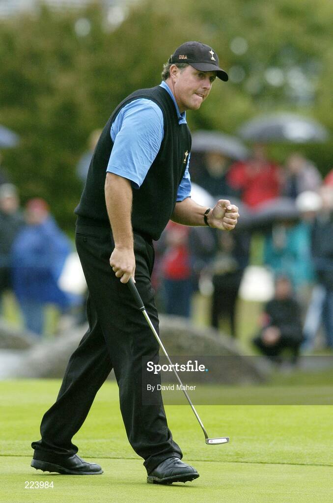 23 September 2006; Phil Mickelson, Team USA 2006, celebrates a putt on the 11th green during Saturday morning's four-ball matches. 36th Ryder Cup Matches, K Club, Straffan, Co. Kildare, Ireland. Picture credit: David Maher / SPORTSFILE