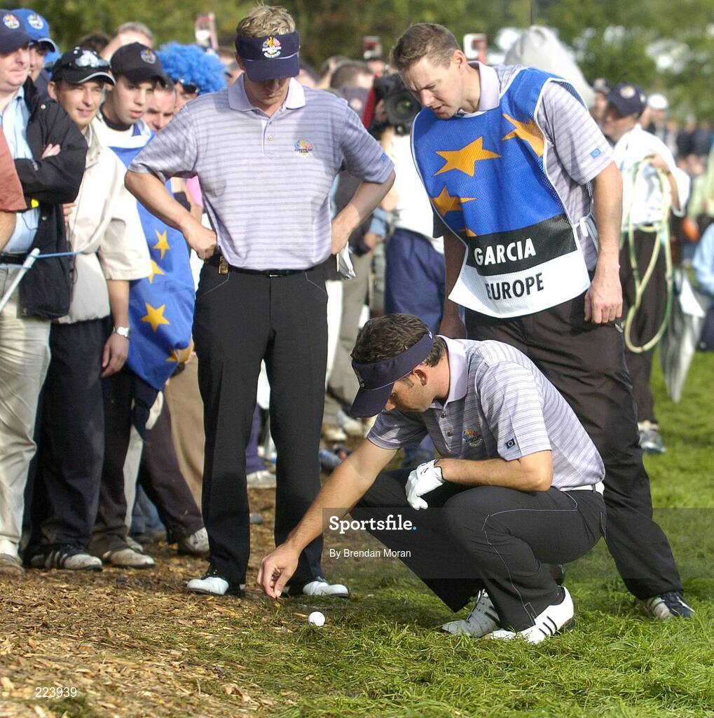 23 September 2006; Sergio Garcia and Luke Donald, Team Europe 2006, check the lie of their ball before taking their third shot to the 16th green during Saturday afternoon's foursomes matches. 36th Ryder Cup Matches, K Club, Straffan, Co. Kildare, Ireland. Picture credit: Brendan Moran / SPORTSFILE