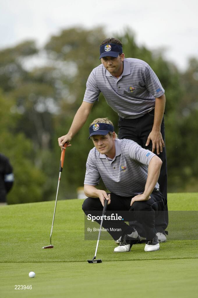 23 September 2006; Luke Donald and Sergio Garcia, Team Europe 2006, line up a putt on the 15th green during Saturday afternoon's foursomes matches. 36th Ryder Cup Matches, K Club, Straffan, Co. Kildare, Ireland. Picture credit: Brendan Moran / SPORTSFILE