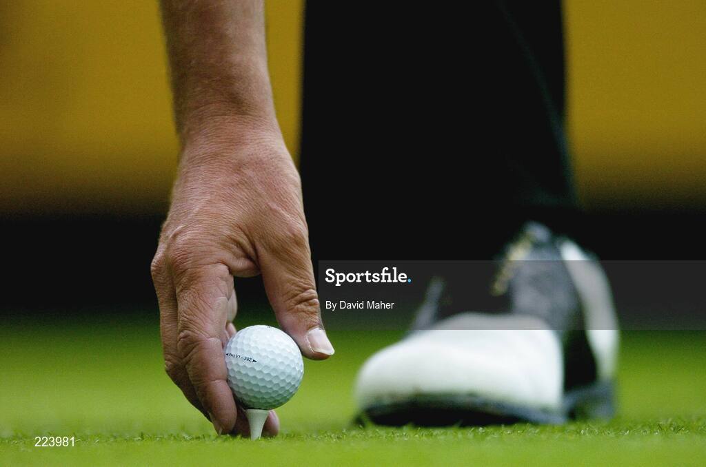 23 September 2006; Jose Maria Olazabal, Team Europe 2006, places his golf ball on a tee during Saturday morning's four-ball matches. 36th Ryder Cup Matches, K Club, Straffan, Co. Kildare, Ireland. Picture credit: David Maher / SPORTSFILE