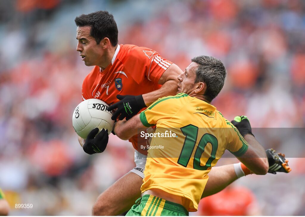 9 August 2014; Aaron Kernan, Armagh, in action against Christy Toye, Donegal. GAA Football All-Ireland Senior Championship, Quarter-Final, Donegal v Armagh, Croke Park, Dublin. Photo by Sportsfile