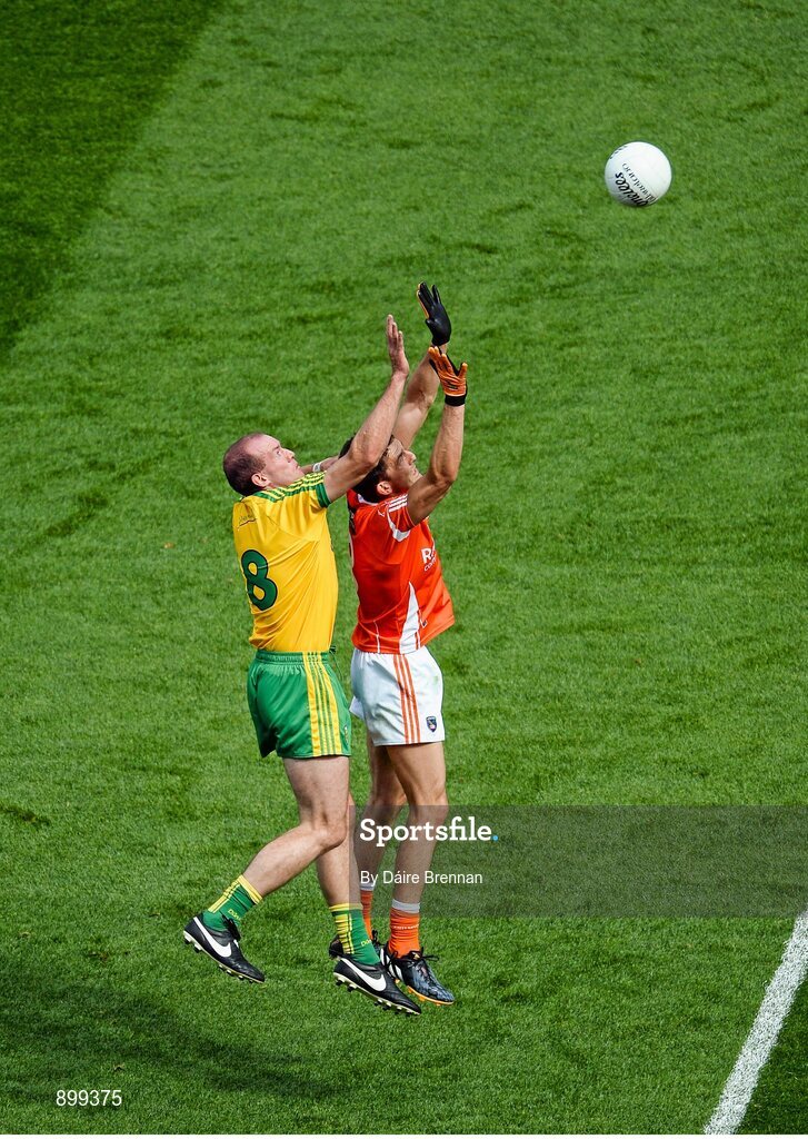 9 August 2014; Stephen Harold, Armagh, in action against Neil Gallagher, Donegal. GAA Football All-Ireland Senior Championship, Quarter-Final, Donegal v Armagh, Croke Park, Dublin. Picture credit: Dáire Brennan / SPORTSFILE