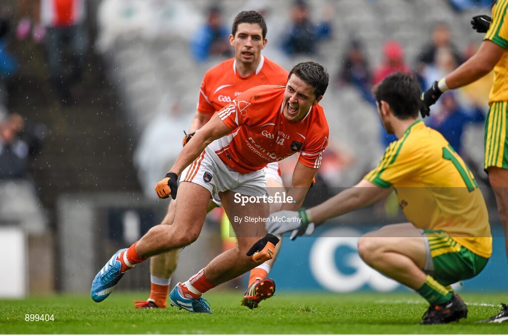 9 August 2014; Stefan Campbell, Armagh, celebrates after scoring his side's first goal. GAA Football All-Ireland Senior Championship, Quarter-Final, Donegal v Armagh, Croke Park, Dublin. Picture credit: Stephen McCarthy / SPORTSFILE
