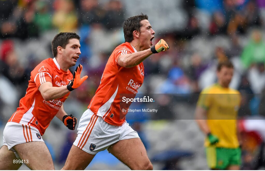 9 August 2014; Stefan Campbell, Armagh, celebrates with team-mate Brian Mallon after scoring his side's first goal. GAA Football All-Ireland Senior Championship, Quarter-Final, Donegal v Armagh, Croke Park, Dublin. Picture credit: Stephen McCarthy / SPORTSFILE