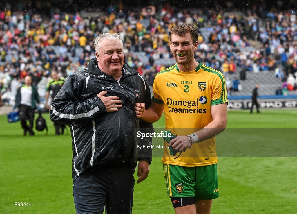 9 August 2014; Armagh manager Paul Grimley with Donegal corner back Eamonn McGee after the game. GAA Football All-Ireland Senior Championship, Quarter-Final, Donegal v Armagh, Croke Park, Dublin.  Picture credit: Ray McManus / SPORTSFILE