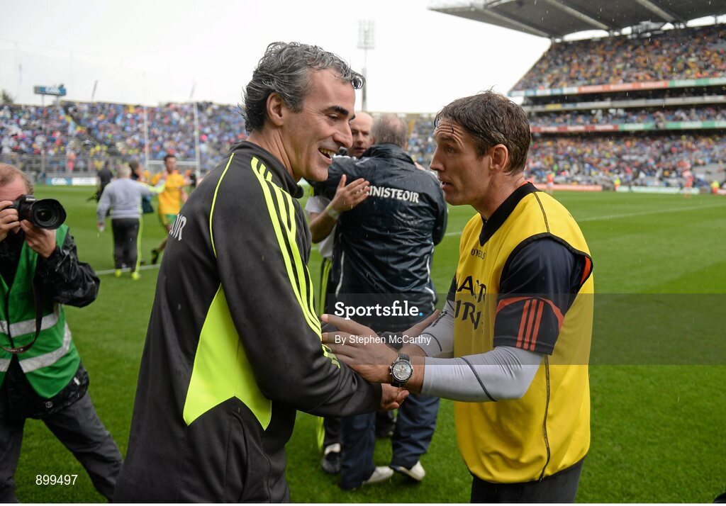 9 August 2014; Donegal manager Jim McGuinness with Armagh selector Kieran McGeeney after the game. GAA Football All-Ireland Senior Championship, Quarter-Final, Donegal v Armagh, Croke Park, Dublin. Picture credit: Stephen McCarthy / SPORTSFILE