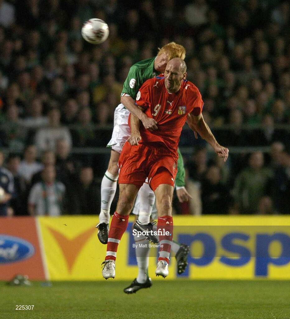 11 October 2006; Paul McShane, Republic of Ireland, in action against Jan Koller, Czech Republic. Euro 2008 Championship Qualifier, Republic of Ireland v Czech Republic, Lansdowne Road, Dublin. Picture credit: Matt Browne / SPORTSFILE