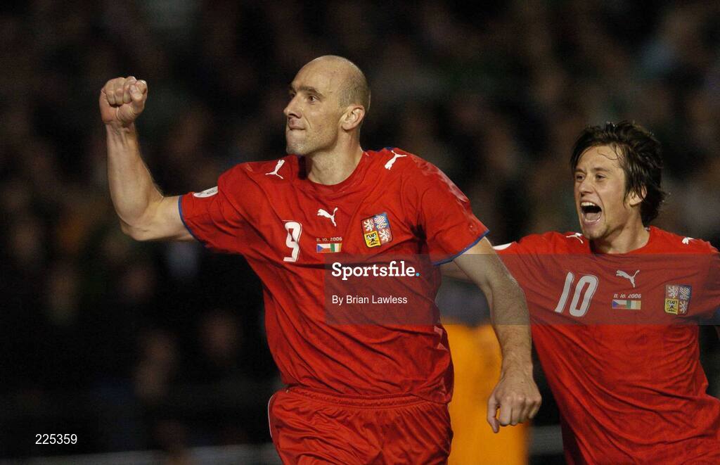 11 October 2006; Jan Koller, Czech Republic, celebrates with team-mate Tomas Rosicky after scoring his side's first goal. Euro 2008 Championship Qualifier, Republic of Ireland v Czech Republic, Lansdowne Road, Dublin. Picture credit: Brian Lawless / SPORTSFILE