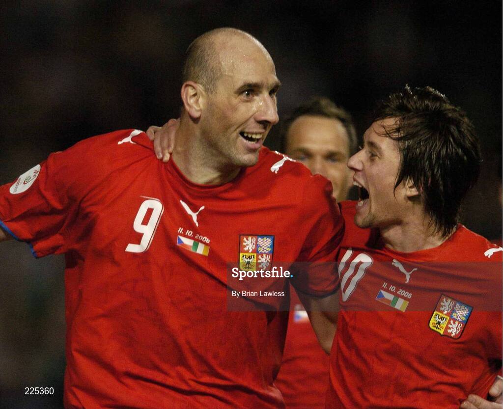 11 October 2006; Jan Koller, Czech Republic, celebrates with team-mate Tomas Rosicky, right, after scoring his side's first goal. Euro 2008 Championship Qualifier, Republic of Ireland v Czech Republic, Lansdowne Road, Dublin. Picture credit: Brian Lawless / SPORTSFILE