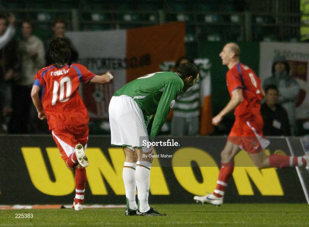 11 October 2006; Republic of Ireland's John O'Shea looks on as Jan Koller, right, Czech Republic, celebrates with team-mate Tomas Rosicky, 10, after scoring his side's goal. Euro 2008 Championship Qualifier, Republic of Ireland v Czech Republic, Lansdowne Road, Dublin. Picture credit: David Maher / SPORTSFILE