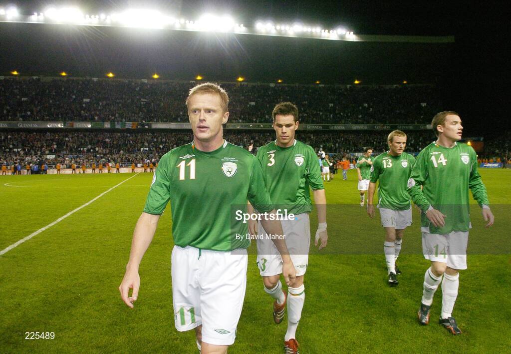 11 October 2006; Republic of Ireland players, left to right, Damien Duff, Steve Finnan, Alan O'Brien and Alan Quinn, walk of the pitch at the end of the game. Euro 2008 Championship Qualifier, Republic of Ireland v Czech Republic, Lansdowne Road, Dublin. Picture credit: David Maher / SPORTSFILE