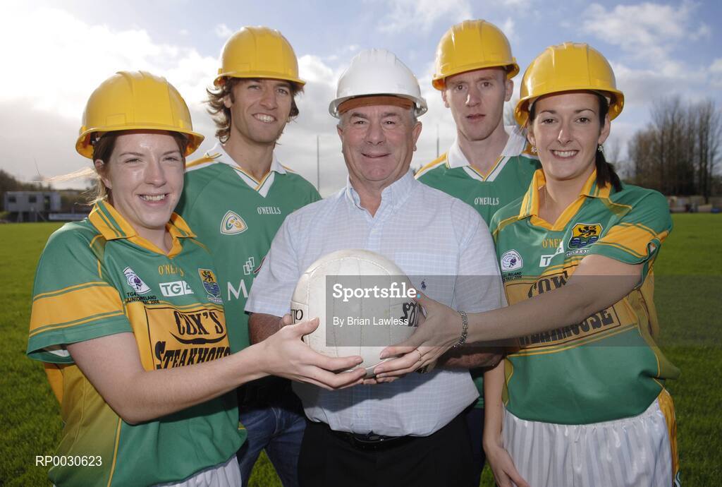 31 October 2006; Dessie Dolan Sr., centre, Leitrim senior manager, with, from left, Amanda Sweeney, Ladies team, Michael McGuinness, Senior team, Colin Regan, Senior team, and Sinead Quinn, Ladies team, at the launch of an innovative fundraising drive, titled "Get On The Team", by Leitrim GAA supporters and Board to raise 1.5 million euro to complete the redevelopment of Pairc Sean MacDiarmada. Carrick-on-Shannon, Leirtim. Picture credit: Brian Lawless / SPORTSFILE