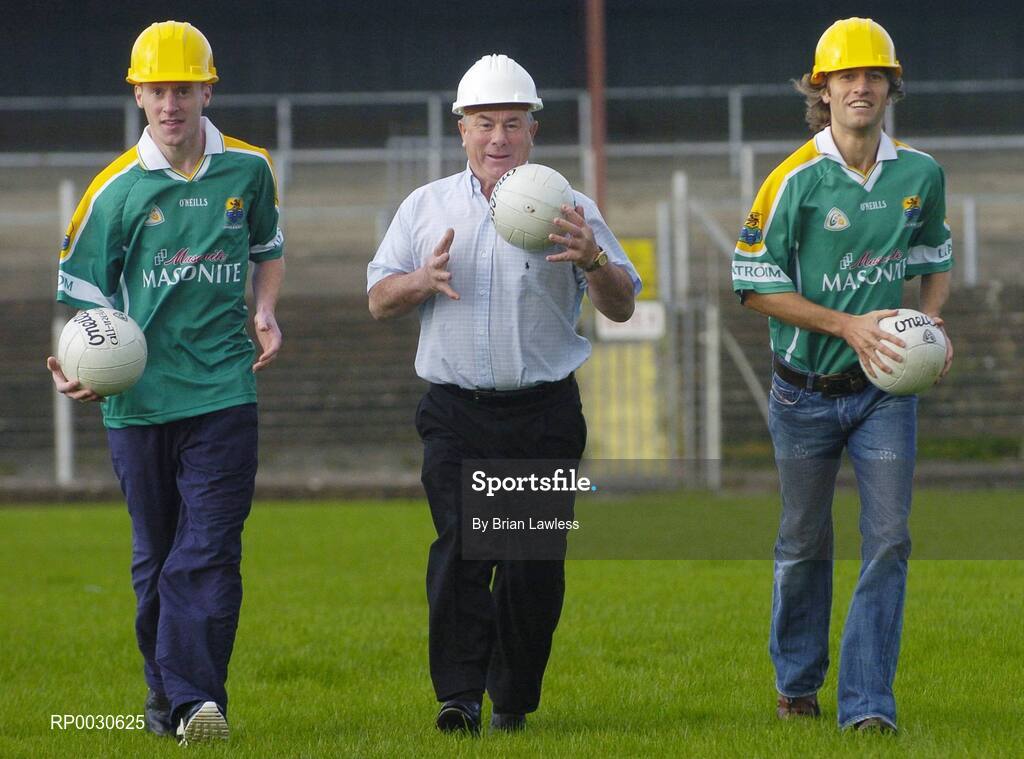 31 October 2006; Leitrim senior manager Dessie Dolan Sr, centre, with senior players Michael McGuinness, left, and Colin Regan, at the launch of an innovative fundraising drive, titled "Get On The Team", by Leitrim GAA supporters and Board to raise 1.5 million euro to complete the redevelopment of Pairc Sean MacDiarmada. Carrick-on-Shannon, Leirtim. Picture credit: Brian Lawless / SPORTSFILE