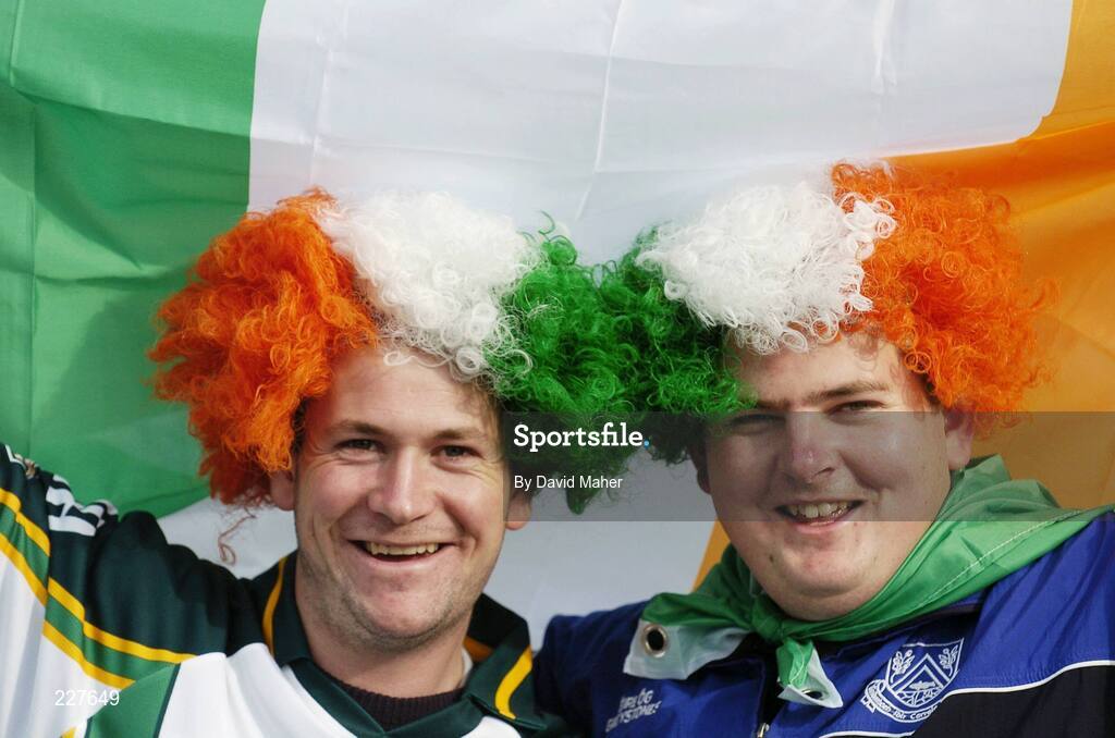 5 November 2006; Ireland supporters Eddie Delaney, left, and Shane Doherty, both from Greystones, Co. Wicklow, show their support before the start of the game. Coca-Cola International Rules Series 2006, Second Test, Ireland v Australia, Croke Park, Dublin. Picture credit: David Maher / SPORTSFILE