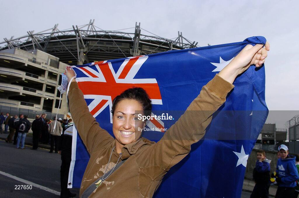 5 November 2006; Australian supporter Steph Dearie, from Melbourne, Australia, shows her support for her team before the start of the game. Coca-Cola International Rules Series 2006, Second Test, Ireland v Australia, Croke Park, Dublin. Picture credit: David Maher / SPORTSFILE