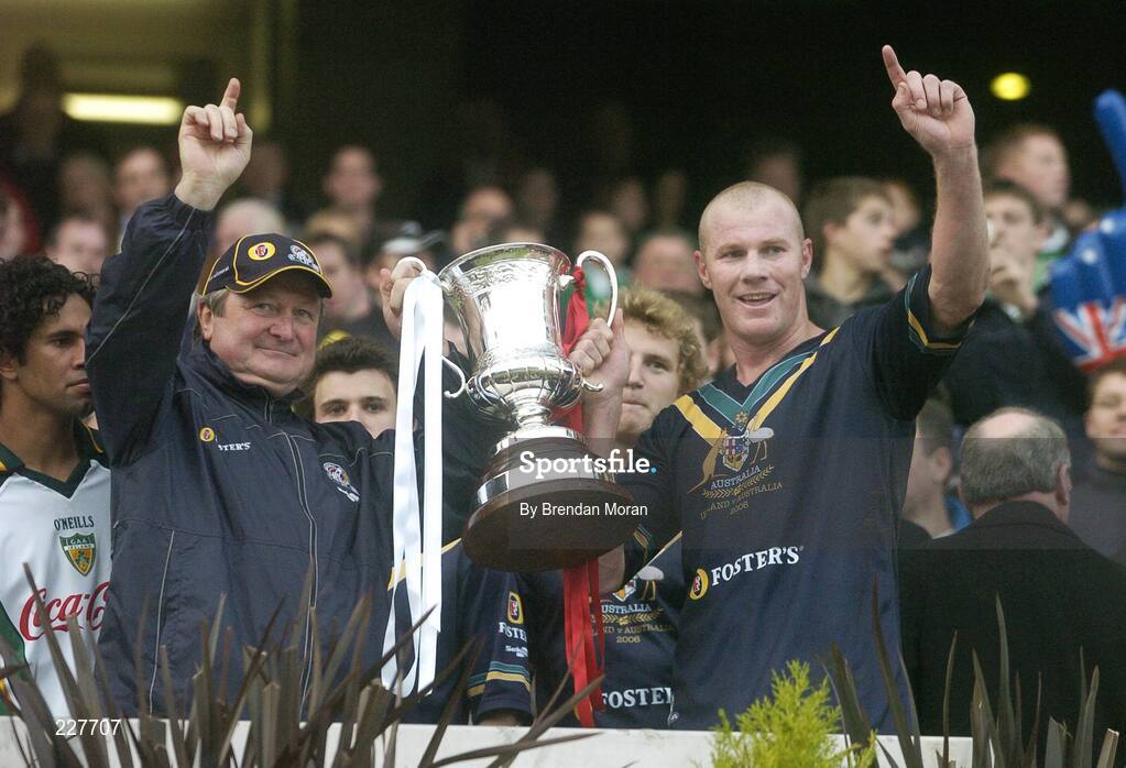 5 November 2006; Australian coach Kevin Sheedy and captain Barry Hall lift the Cormac McAnallen Cup after the game. Coca-Cola International Rules Series 2006, Second Test, Ireland v Australia, Croke Park, Dublin. Picture credit: Brendan Moran / SPORTSFILE
