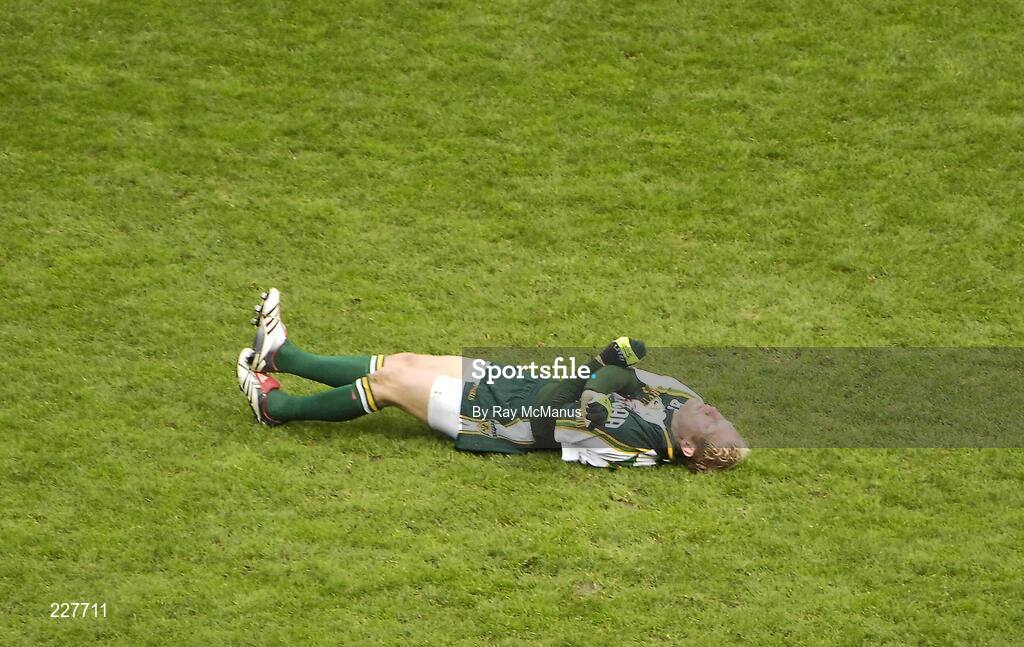 5 November 2006; Ireland's Geraghty Geraghty, who took no further part, lies on the pitch after being tackled early in the game. Coca-Cola International Rules Series 2006, Second Test, Ireland v Australia, Croke Park, Dublin. Picture credit: Ray McManus / SPORTSFILE