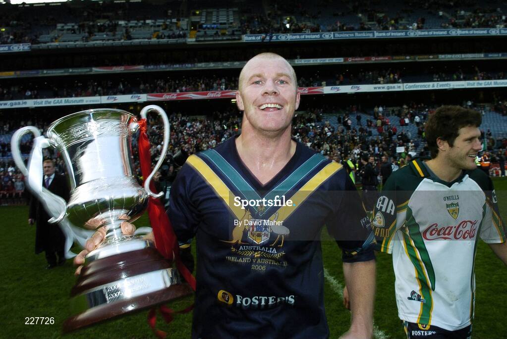 5 November 2006; Australian captain Barry Hall celebrates at the end of the game. Coca-Cola International Rules Series 2006, Second Test, Ireland v Australia, Croke Park, Dublin. Picture credit: David Maher / SPORTSFILE