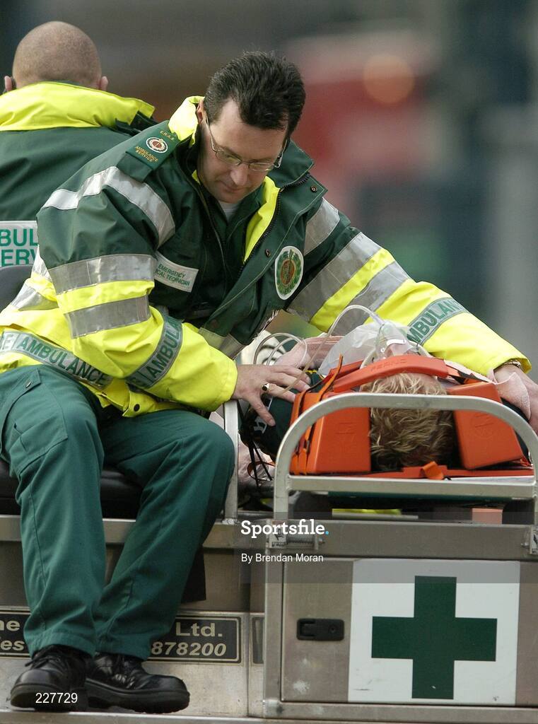 5 November 2006; Graham Geraghty, Ireland, is stretchered off with an injury as a result of a tackle by Danyle Pearse, Australia. Coca-Cola International Rules Series 2006, Second Test, Ireland v Australia, Croke Park, Dublin. Picture credit: Brendan Moran / SPORTSFILE