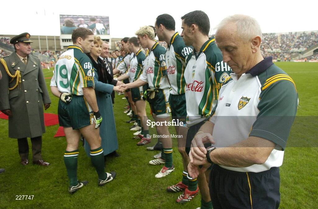 5 November 2006; Ireland manager Sean Boylan checks his watch as the Irish captain Kieran McGeeney introduces his team to President Mary McAleese before the game. Coca-Cola International Rules Series 2006, Second Test, Ireland v Australia, Croke Park, Dublin. Picture credit: Brendan Moran / SPORTSFILE
