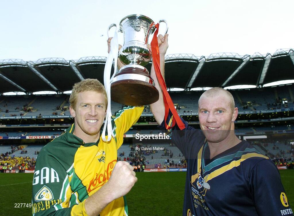 5 November 2006; Australian captain Barry Hall with his team-mate Dustin Fletcher, left, at the end of the game. Coca-Cola International Rules Series 2006, Second Test, Ireland v Australia, Croke Park, Dublin. Picture credit: David Maher / SPORTSFILE