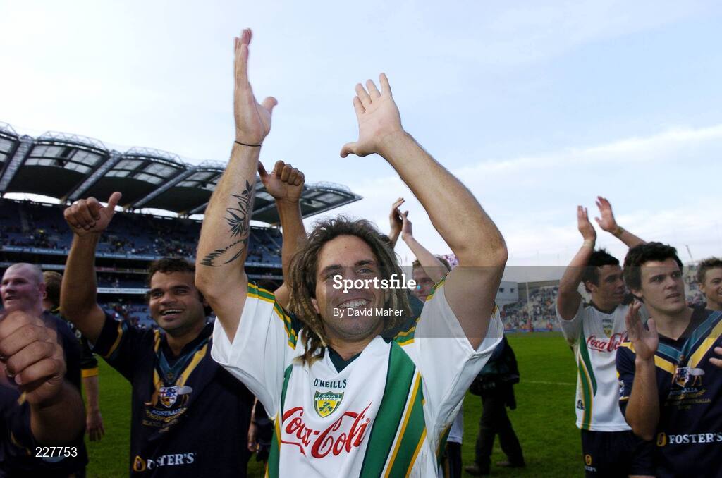 5 November 2006; Chance Bateman, Australia, celebrates after the game. Coca-Cola International Rules Series 2006, Second Test, Ireland v Australia, Croke Park, Dublin. Picture credit: David Maher / SPORTSFILE