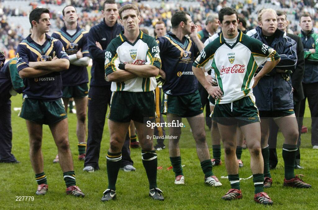 5 November 2006; Dejected Ireland players left to right, Aidan O'Mahoney, Kieran McGeedy and Paul Galvin, at the end of the game. Coca-Cola International Rules Series 2006, Second Test, Ireland v Australia, Croke Park, Dublin. Picture credit: David Maher / SPORTSFILE