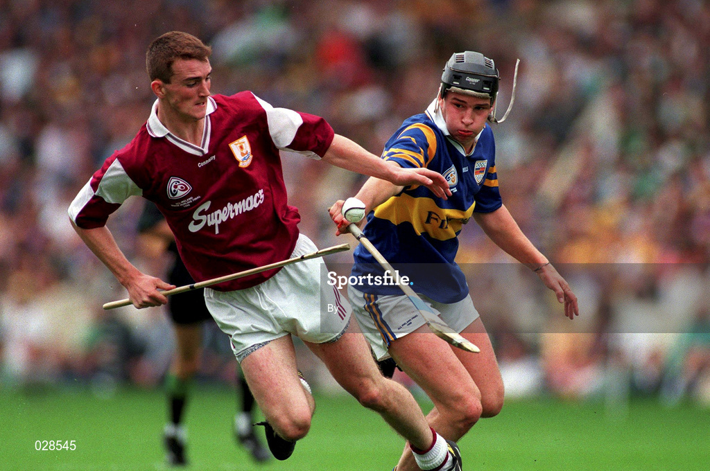 1 September 1996; Aidan Poinard, Galway is tackled by William Maher, Tipperary. All Ireland Minor Hurling. Picture credit; Ray McManus/SPORTSFILE