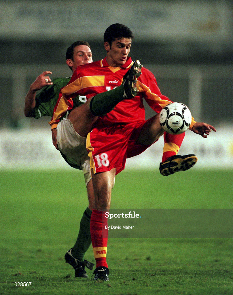 9 October 1999; Mark Kinsella of Ireland in action against Bekiri Argend of Macedonia during the UEFA European Championships Qualifier match between FYR Macedonia v Republic of Ireland at the City Stadium in Skopje, Macedonia. Photo by David Maher/Sportsfile