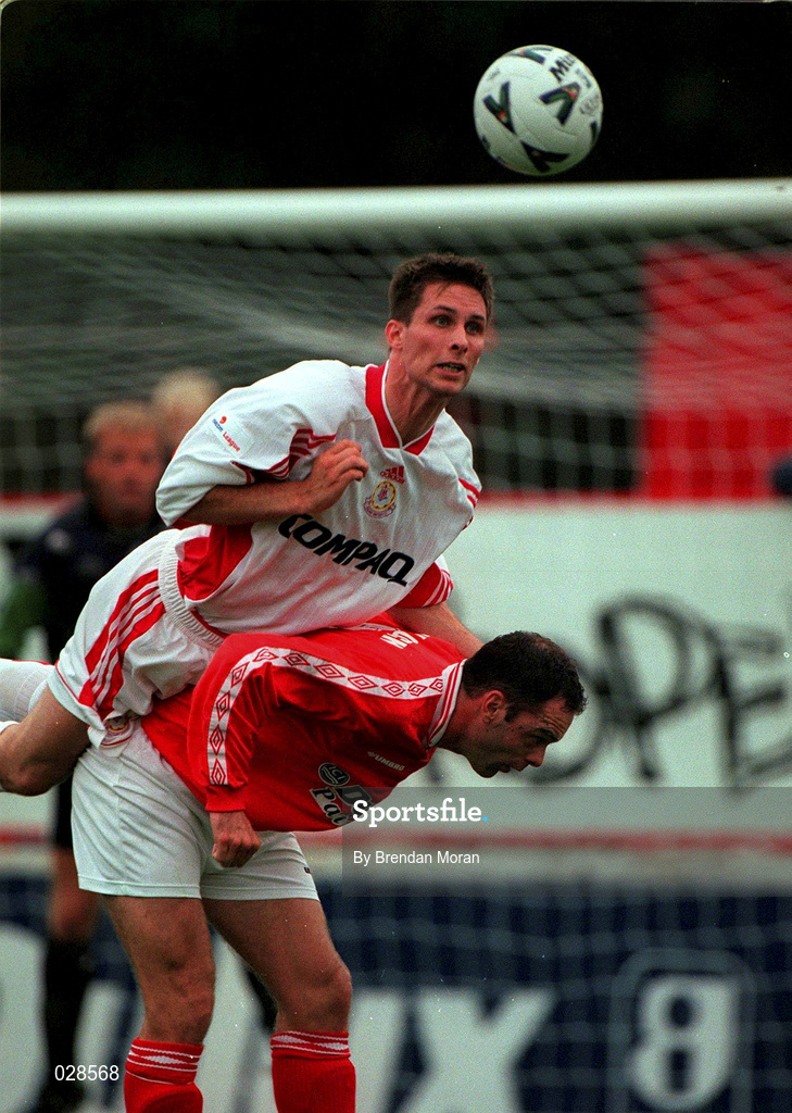 13 August 1999; Billy Cleary of Galway in action against Gary Haylock of Shelbourne during the Eircom League Premier Division match between Shelbourne v Galway United at Tolka Park in Dublin. Photo by Brendan Moran/Sportsfile