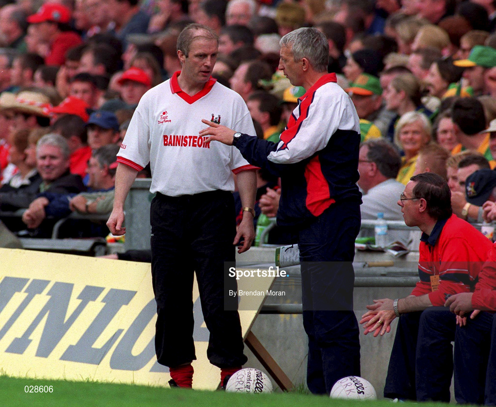 26 September 1999; Cork manager Larry Topmkins, left and selector Conor Counihan during the GAA Football All-Ireland Senior Championship Final match between Meath and Cork at Croke Park in Dublin. Photo by Brendan Moran/Sportsfile