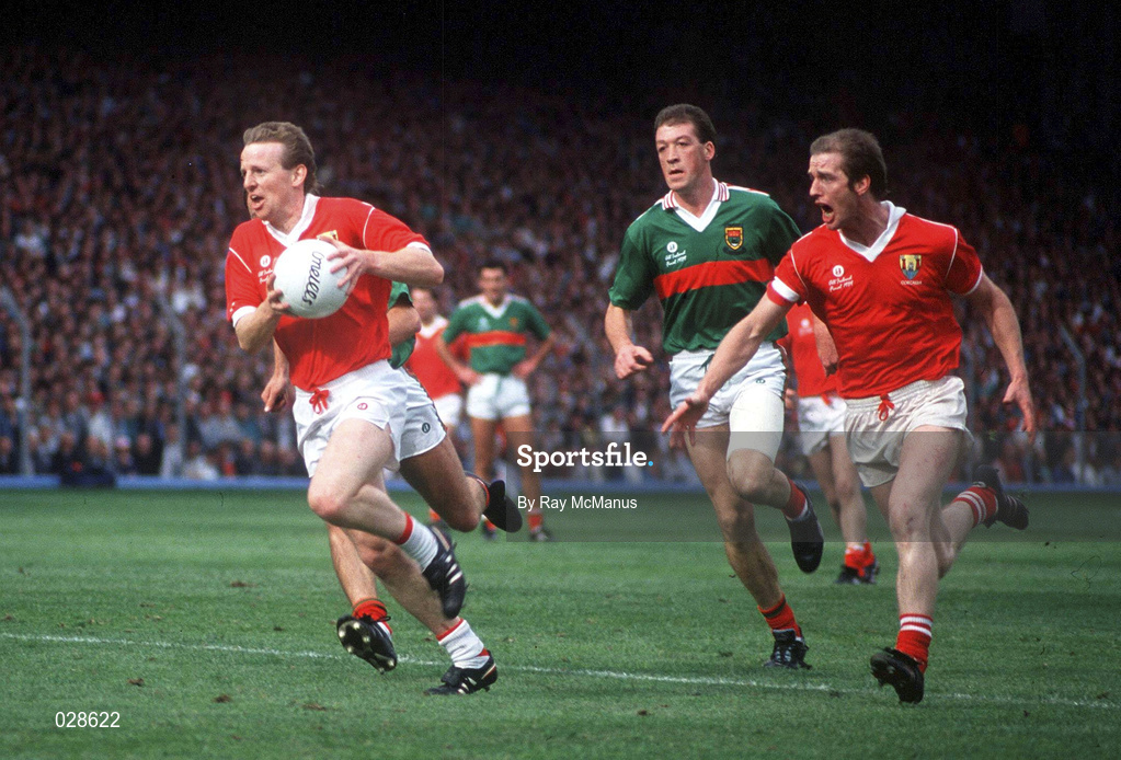 17 September 1989; John Cleary of Cork in action against TJ Kilgallon of Mayo during the All-Ireland Senior Football Championship Final between Cork and Mayo at Croke Park in Dublin. Photo Ray McManus/Sportsfile