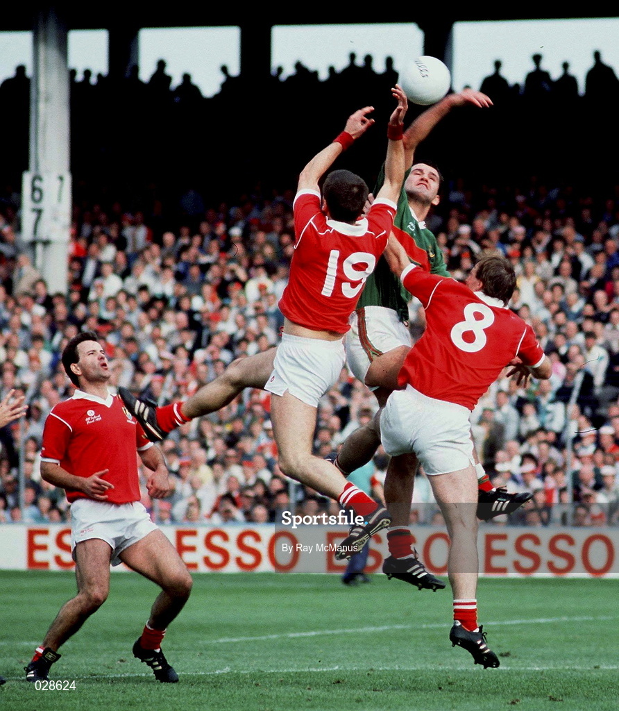 17 September 1989; Liam McHale of Mayo in action against Danny Culloty, left, and Teddy McCarthy of Cork during the All-Ireland Senior Football Championship Final between Cork and Mayo at Croke Park in Dublin. Photo Ray McManus/Sportsfile