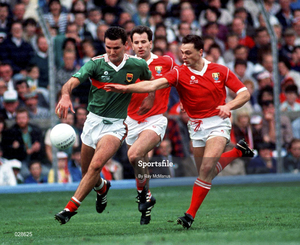 17 September 1989; Liam McHale of Mayo in action against Tony Davis of Cork during the All-Ireland Senior Football Championship Final between Cork and Mayo at Croke Park in Dublin. Photo Ray McManus/Sportsfile