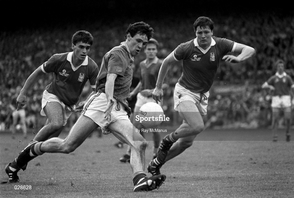 20 September 1987; David Beggy of Meath in action against Tony Nation, left, and Shea Fahy of Cork during the All-Ireland Senior Football Championship Final match between Meath and Cork at Croke Park in Dublin. Photo by Ray McManus/Sportsfile