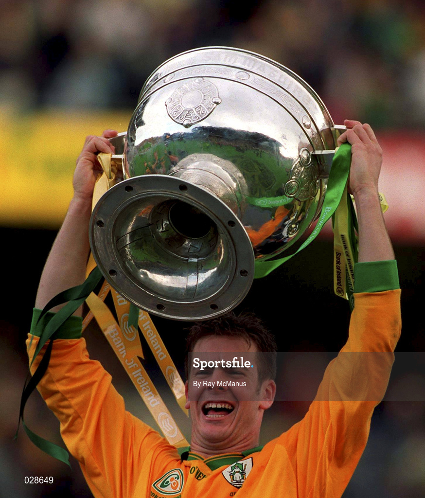 26 September 1999; Cormac Sullivan of Meath lifts The Sam Maguire Cup following the GAA Football All-Ireland Senior Championship Final match between Meath and Cork at Croke Park in Dublin. Photo by Ray McManus/Sportsfile