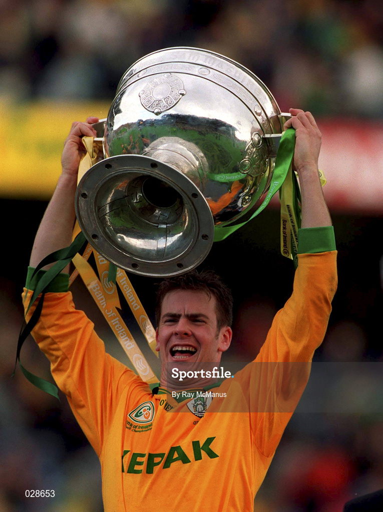 26 September 1999; Cormac Sullivan of Meath lifts The Sam Maguire Cup following the GAA Football All-Ireland Senior Championship Final match between Meath and Cork at Croke Park in Dublin. Photo by Ray McManus/Sportsfile