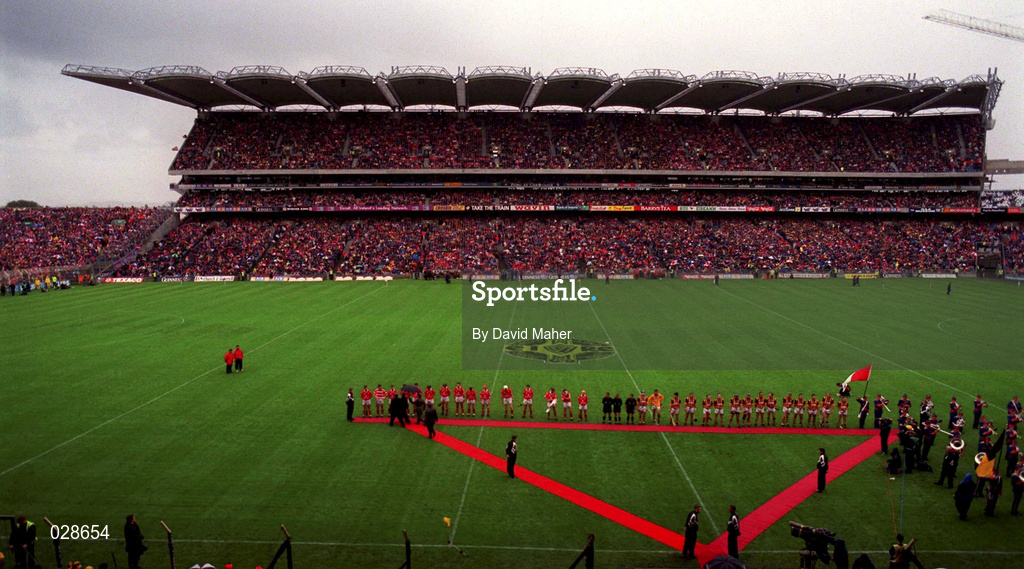 12 September 1999; The Cork and Kilkenny teams line up to meet the President of Ireland Mary McAleese before the Cork v Kilkenny, All-Ireland Hurling Final, Croke Park, Dublin. Picture credit; David Maher/SPORTSFILE