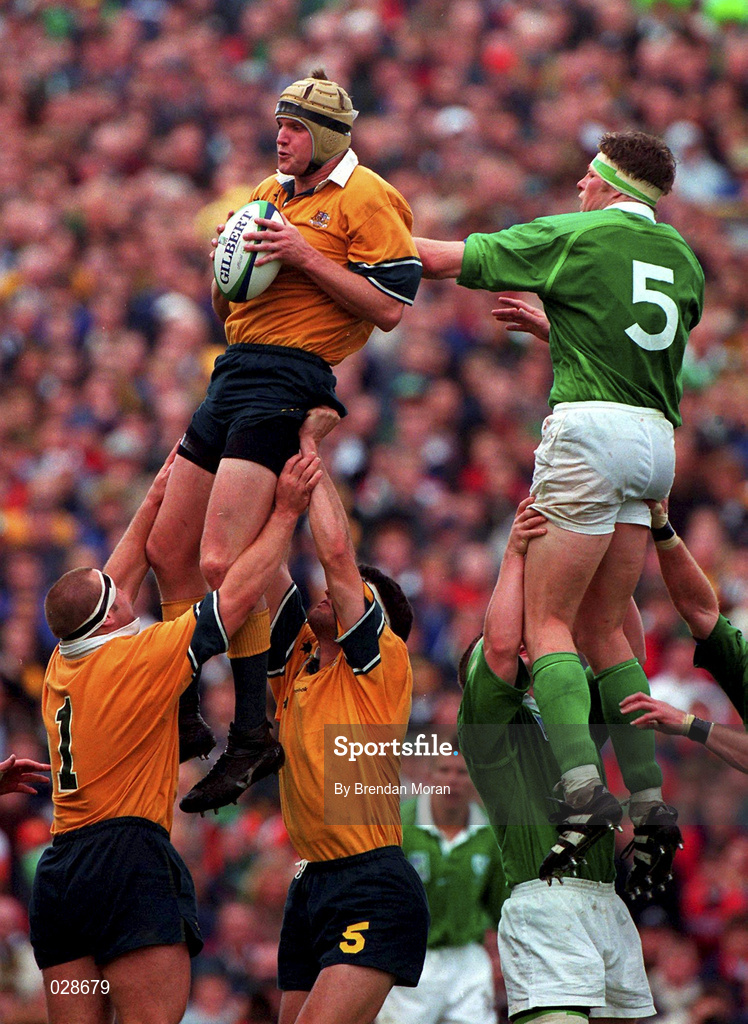 10 October 1999; David Griffin of Australia in action against Malcolm O'Kelly of Ireland during the Rugby World Cup Pool E match between Ireland and Australia at Lansdowne Road in Dublin. Photo by Brendan Moran/Sportsfile