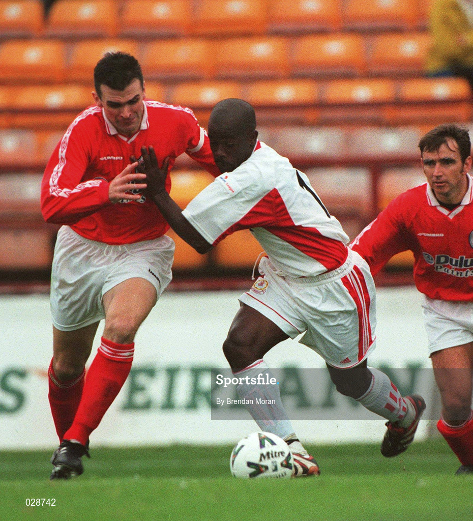 13 August 1999; Eric Lavine of Galway in action against Pat Scully of Shelbourne during the Eircom League Premier Division match between Shelbourne v Galway United at Tolka Park in Dublin. Photo by Brendan Moran/Sportsfile
