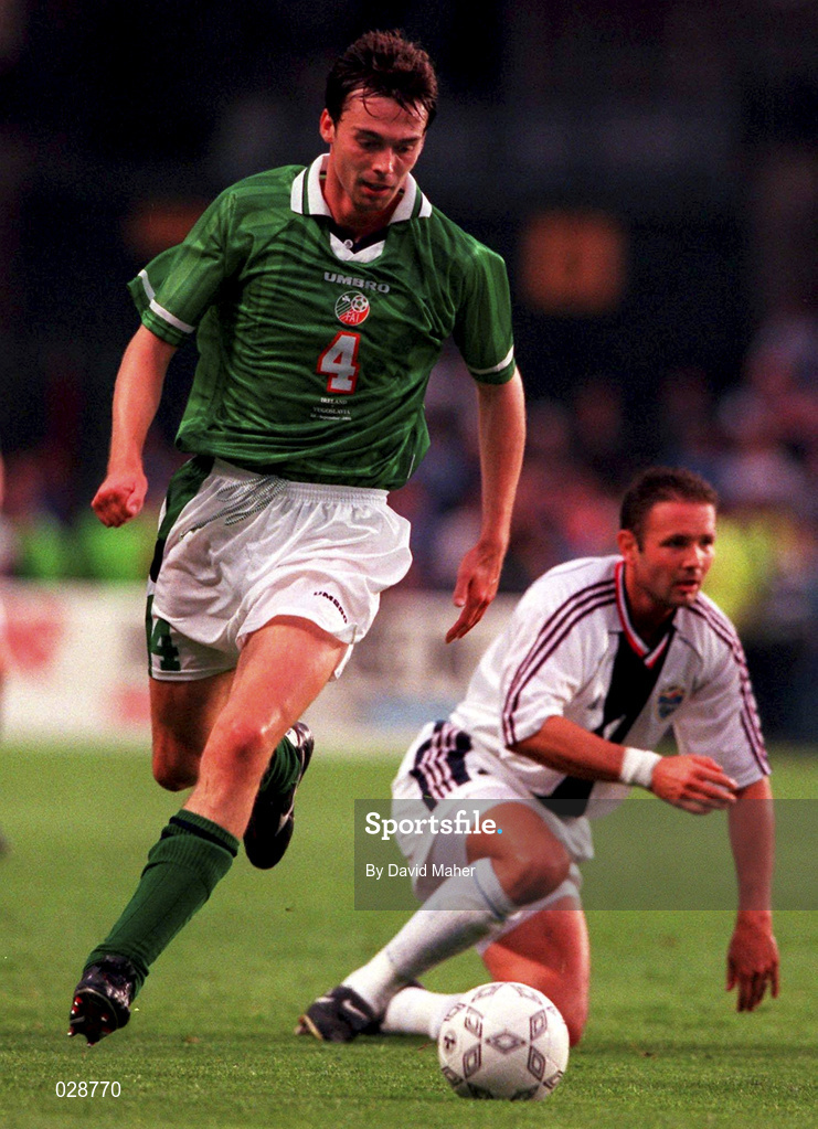 1 September 1999; Gary Breen of Ireland in action against Sinisa Mihajlovic of Yugoslavia during the UEFA European Championships Qualifier match between Republic of Ireland and Yugoslavia at Lansdowne Road in Dublin. Photo by David Maher/Sportsfile