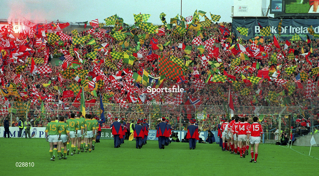 26 September 1999; Meath and Cork teams follow the parade past Hill 16 prior to  the GAA Football All-Ireland Senior Championship Final match between Meath and Cork at Croke Park in Dublin. Photo by Ray Lohan/Sportsfile