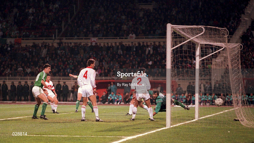13 November 1991; John Byrne of Ireland shoots to score during the European Championship Qualifier match between Turkey and Republic of Ireland in Istanbul, Turkey. Photo by Ray McManus/Sportsfile
