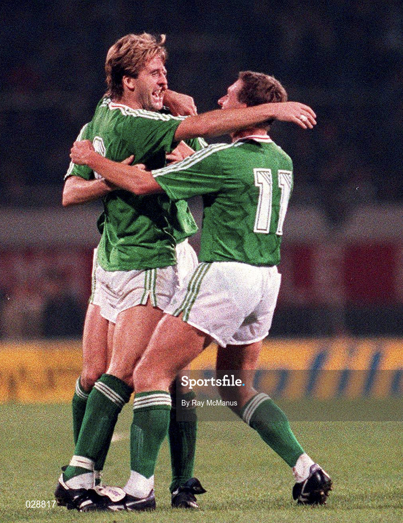 13 November 1991; John Byrne of Ireland celebrates after scoring with Kevin Sheedy during the European Championship Qualifier match between Turkey and Republic of Ireland in Istanbul, Turkey. Photo by Ray McManus/Sportsfile