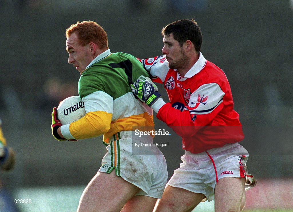 31 October 1999; James Stewart of Offaly in action against Nicky Malone of Louth during the National Football League match between Offaly and Louth at O'Connor Park in Tullamore, Offaly. Photo by Damien Eagers/Sportsfile