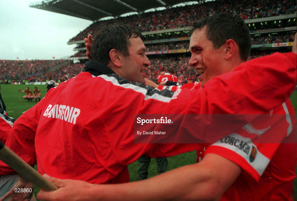 12 September 1999; Jimmy Barry Murphy celebrates with John Browne (right) after Cork narrowly defeated Kilkenny, Cork v Kilkenny, All Ireland Senior Hurling Championship Final, Croke Park, Dublin. Picture credit; David Maher/SPORTSFILE