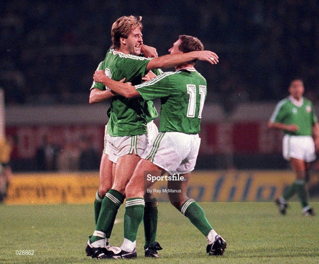13 November 1991; John Byrne of Ireland celebrates after scoring with Kevin Sheedy during the European Championship Qualifier match between Turkey and Republic of Ireland in Istanbul, Turkey. Photo by Ray McManus/Sportsfile
