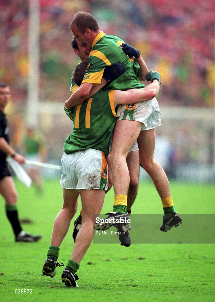 26 September 1999; Trevor Giles, 11, Paddy Reynolds, foreground, and John McDermott of Meath celebrate following the GAA Football All-Ireland Senior Championship Final match between Meath and Cork at Croke Park in Dublin. Photo by Matt Browne/Sportsfile